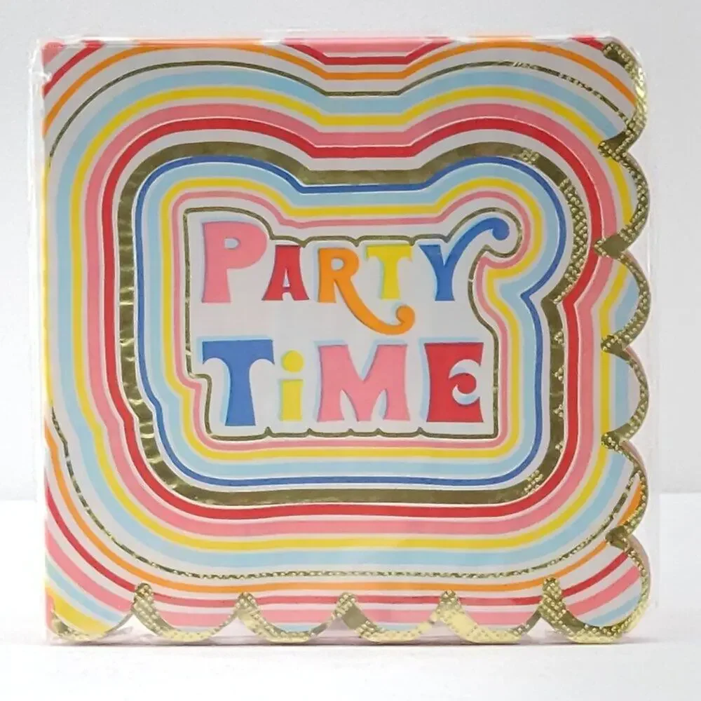 Packed Party “Party Time” Napkins 20ct 3‑Ply 6.5in Rainbow Foil Scallop